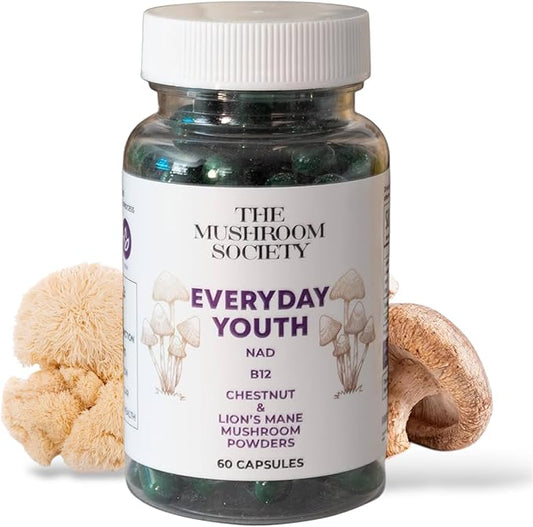 Everyday Youth - Anti-Aging Supplement - Brain & Cellular Energy Formula – Lion’s Mane, Chestnut, NAD, B12 + Beta-Glucans - 60 Vegan Capsules