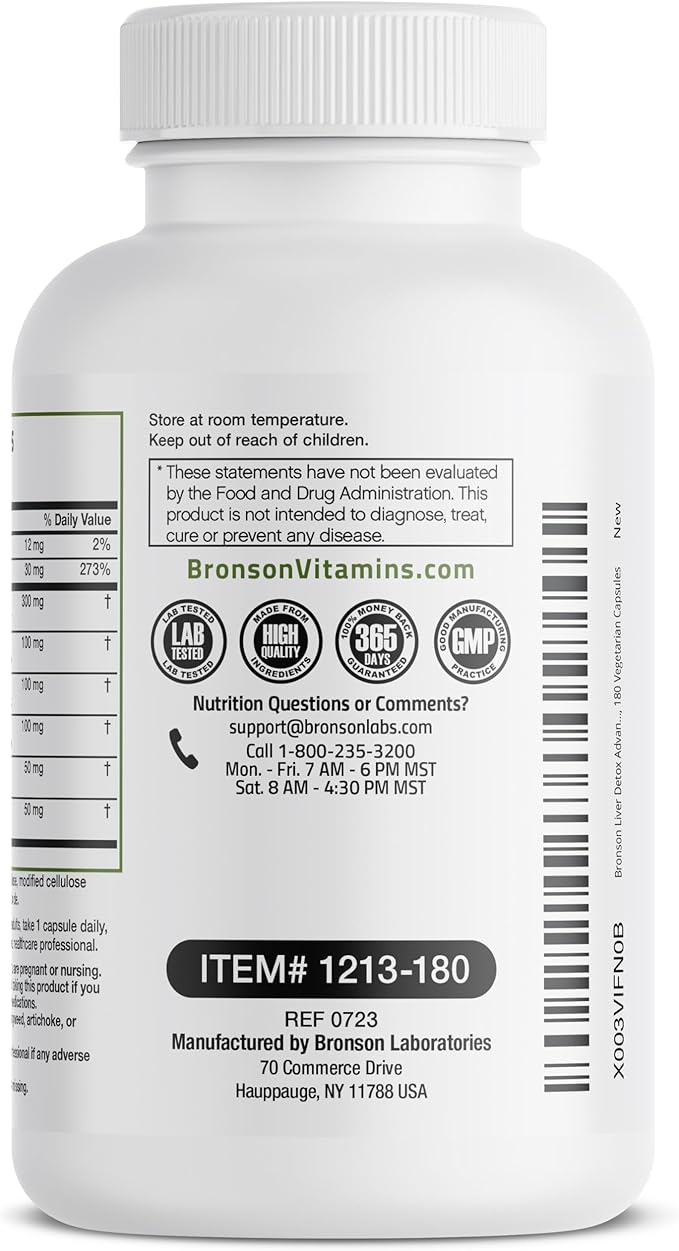 Bronson Liver Detox Advanced Detox & Cleansing Formula Supports Health Liver Function with Milk Thistle, Dandelion Root, Turmeric, Artichoke Leaf & More, Non-GMO, 180 Vegetarian Capsules