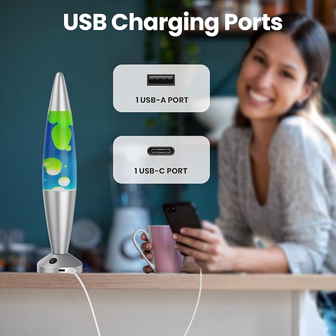 JAMBO Beautiful Liquid Lamp with USB Ports, 16" Motion Light with Blue Liquid Yellow Wax, Relaxing Nightlight, Mood Light for Bedroom, Living Room, Office - Adults, Teens, Kids