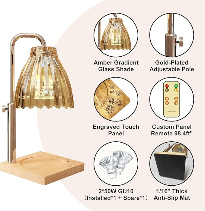 Candle Warmer Lamp with Timer Electric Wax Warmer for Scented Wax Melt Warmer Melter for Jar Candles Touch and Remote Control Dimmable Adjustable Height Gifts for Women 2 Bulbs,Flower Glass