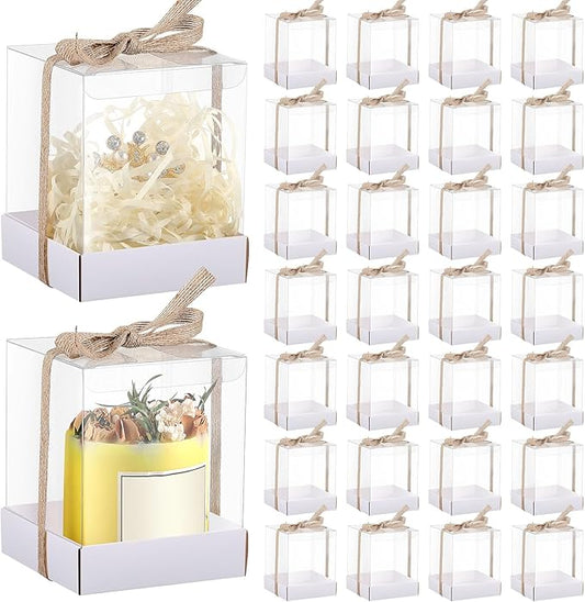 Cunno 36 Set 3.5 x 3.5 x 4.3 in Candle Package Transparent Gift Box 4-18 oz Handmade Tealight Candle Holder Bulk Paper Bottom Ribbon for Wedding Baby Shower Party Mug Cake Wine Glasses(White)