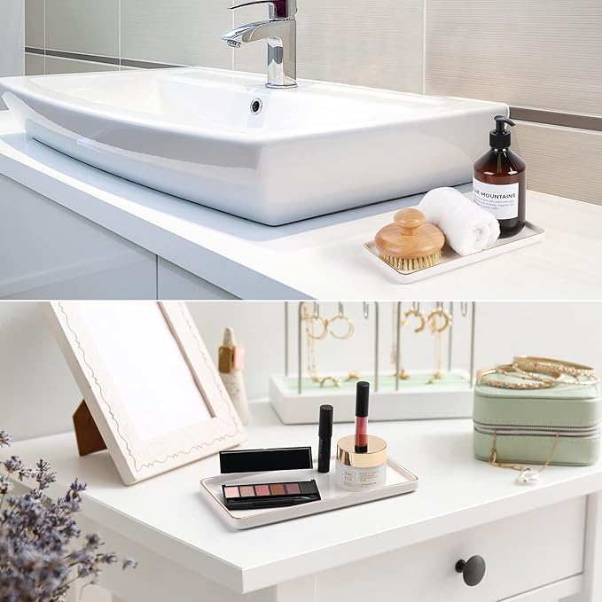 Gurygo 8" Bathroom Tray, Ceramic Vanity Trays for Bathroom, Small Ceramic Trays, Kitchen Soap Tray for Kitchen Counter (White with Gold-Edged, 8",Set/1)