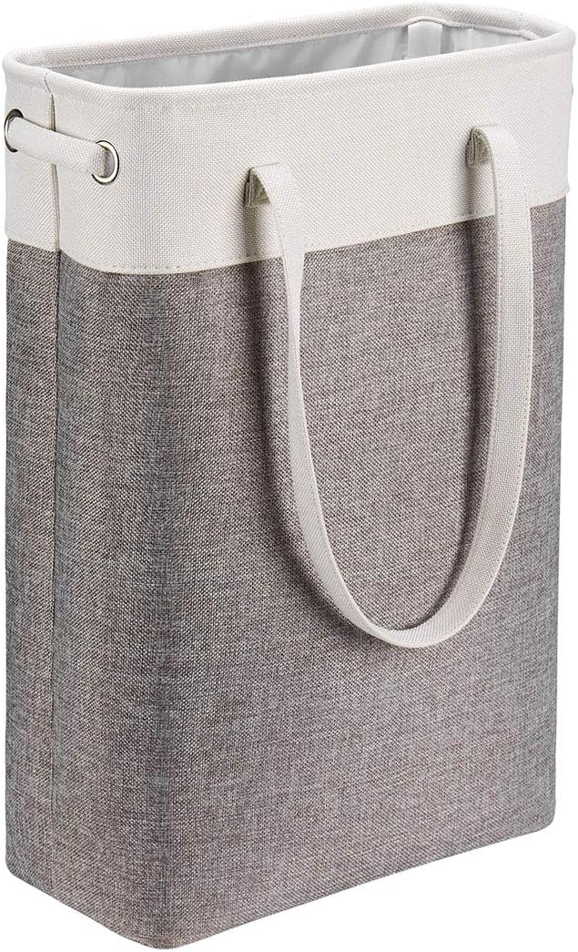 i BKGOO Laundry Basket with Handles white&Grey Coffee-Slim Laundry Bin Collapsible Dirty Clothes Basket Narrow Laundry Bag Foldable Dirty Hamper for Camping, Dorms, Apartments