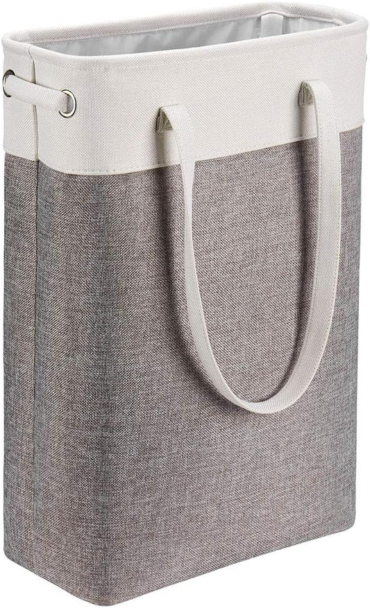 i BKGOO Laundry Basket with Handles white&Grey Coffee-Slim Laundry Bin Collapsible Dirty Clothes Basket Narrow Laundry Bag Foldable Dirty Hamper for Camping, Dorms, Apartments