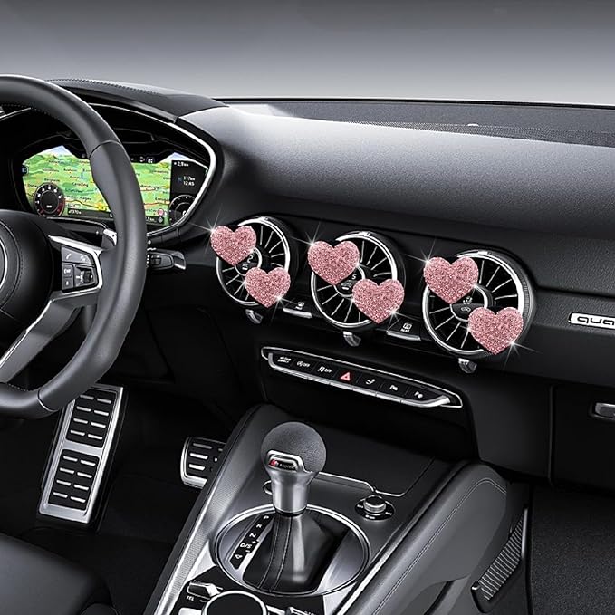 6 Pcs Heart-Shaped Crystal Diamond Air Vent Clip, Heart-Shaped Bling Charms Crystal Car Freshening Diffuser, Car Bling Interior Decorative Accessories for Women (pink)
