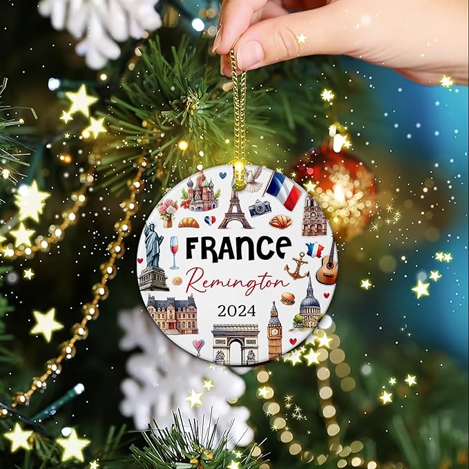 France Ceramic Ornament Christmas 2025, Personalized Paris Culture and Landmarks Xmas Decor, France City Souvenir Christmas Ornament Gifts for Traveller, Custom Name Classical France Ceramic Ornament