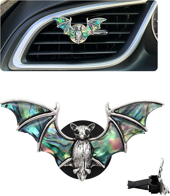 Bat Air Vent Clip Car Air Freshener Outlet Clips Natural Abalone Shell Seashell Color Vampire Bat Car Accessories Gothic Car Decor Refillable Car Diffuser Clips (Small Bat)