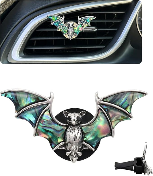 Bat Air Vent Clip Car Air Freshener Outlet Clips Natural Abalone Shell Seashell Color Vampire Bat Car Accessories Gothic Car Decor Refillable Car Diffuser Clips (Small Bat)