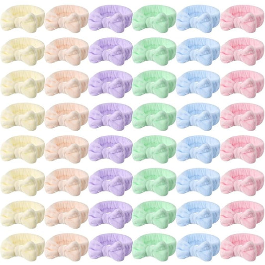WILLBOND 48 Pieces Pastel Spa Headband Bulk Flannel Bow Hair Band Fluffy Plush Facial Makeup Headband for Women Washing Face Spa Shower Cleansing
