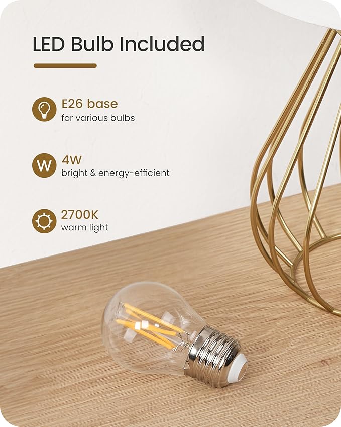 Bedside Table Lamp, Small Table Lamp with Teardrop Cage Linen Lampshade, Modern Nightstand Lamp, Small Cute Desk Lamp for Bedroom, Living Room, 2700K LED Bulb Included, Gold DCW06TL05