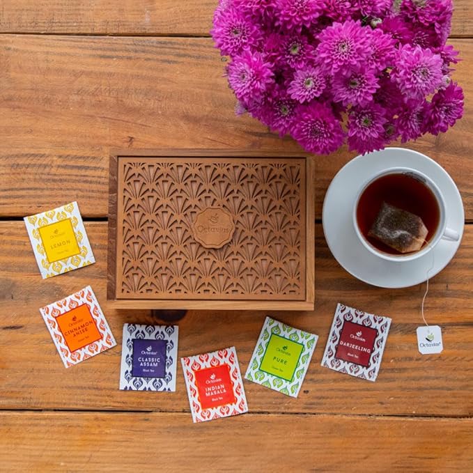 Octavius Tropical Palm Cutwork Wooden Tea Sampler Box | Premium Black & Green Tea Gift Set | 6 Flavors, 90 Tea Bags | Elegant Teas Gift Box for Tea Lovers