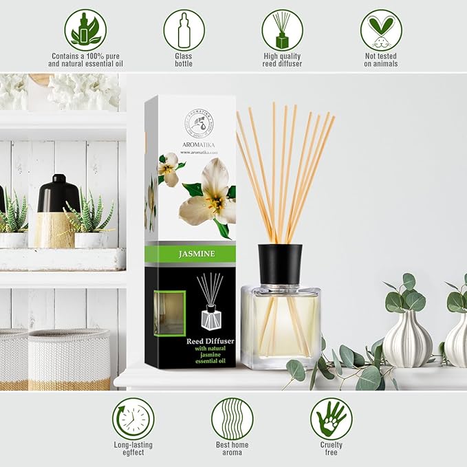 Jasmine Reed Diffuser w/Natural Essential Jasmine Oil 6.8 Fl Oz - Fresh & Long Lasting Fragrance - Scented Reed Diffuser - Gift Set w/Bamboo Sticks - Best for Aromatherapy - SPA - Home