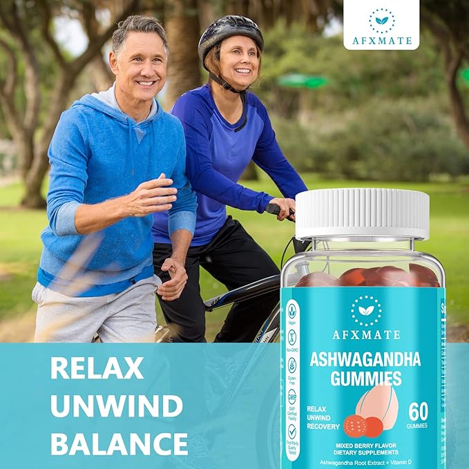 AFXMATE Ashwagandha Gummies & Vitamin D Gummies for Men & Women 120 Count Aswangdha Supplement (Non-GMO, Sugar Free & Gluten Free)