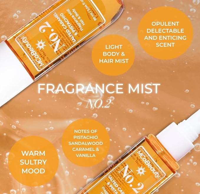 MCoBeauty - Fragrance Mist No.2 – Light Body and Hair Spray with Pistachio, Sandalwood, Caramel and Vanilla - Gifts for Women, Cute Stuff, Feminine Spray, Self Care Gifts for Women - 90ml Bottle