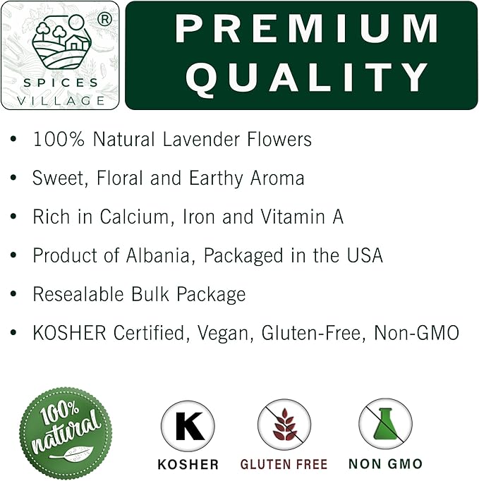 SPICES VILLAGE Lavender, Dried Lavender Buds, 2 oz, Herbal Tea, Potpourri, Wedding Confetti, Pillow - Kosher, Gluten Free, Vegan, Non GMO, Resealable Bulk Bag