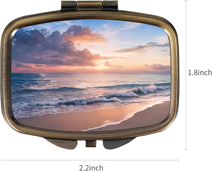 Dynippy Pill Case Pill Box with Mirror Retro Pocket 2 Compartment Medicine Case Vitamin Pill Organizer for Pocket Purse and Travel (Retro- Beach Sunset)