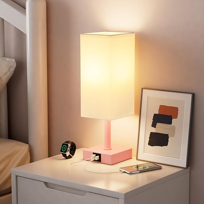 Ambimall Touch Control Table Lamp with USB A+C Charging Ports - 3 Way Touch Lamps Bedside, Nightstand Lamp for Bedrooms, LED Bulb Included(White Shade & Pink Base)
