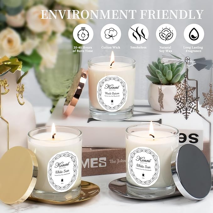 KONNI Scented Candles, Aromatherapy Candle Natural Soy Wax Jar Candles 7.4oz, 40 Hour Burn Time, Home Scented,Gift for Women & Men Christmas Birthday Mom Best Friends（White Sun）
