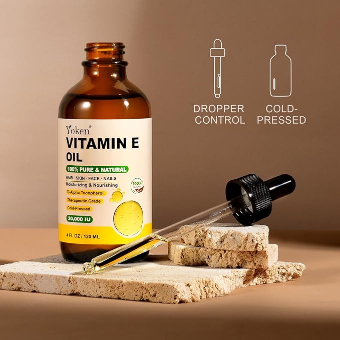 Vitamin E Oil 4 Fl Oz Organic Vitamin E oil for Skin 30,000 IU Vitamine oils for Scars Hair, Face, Nail, Scalp Perfect Bath and Body Oil, Cold Pressed Hexane Free Non-GMO Gluten Free Formula