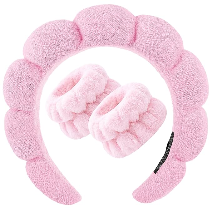 Zkptops Spa Headband for Washing Face Wristband Set Sponge Makeup Skincare Headband Terry Cloth Bubble Soft Get Ready Hairband Women Girl Puffy Padded Headwear Non Slip Thick Hair Accessory(Pink-2)