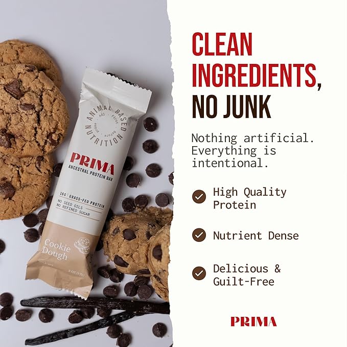 Prima Ancestral Protein Bar – Clean Grass Fed Protein Bar with Whey, Collagen, Honey, and Coconut – 16g Protein, No Preservatives or Seed Oils – Cookie Dough - 7 Pack