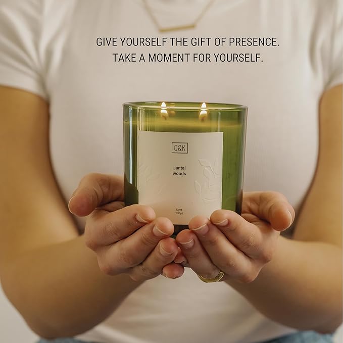 Craft & Kin 12oz Santal Woods Candle for Home | Premium Green Fall Scented Candles for Men | Made with Natural Soy | Gifts for Men and Women | Nature Collection