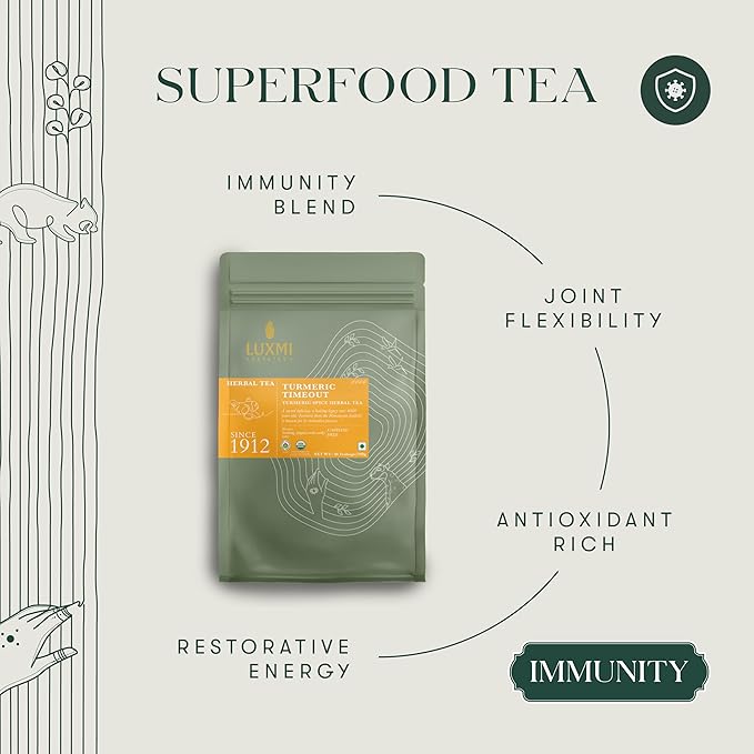 Luxmi Estates Turmeric Time-Out Herbal Tea, 50 Tea Bags, Organic Herbal Tea, Turmeric, Ginger, Cardamom, Black Pepper, Supports Immunity, Inflammation, and Stress Relief