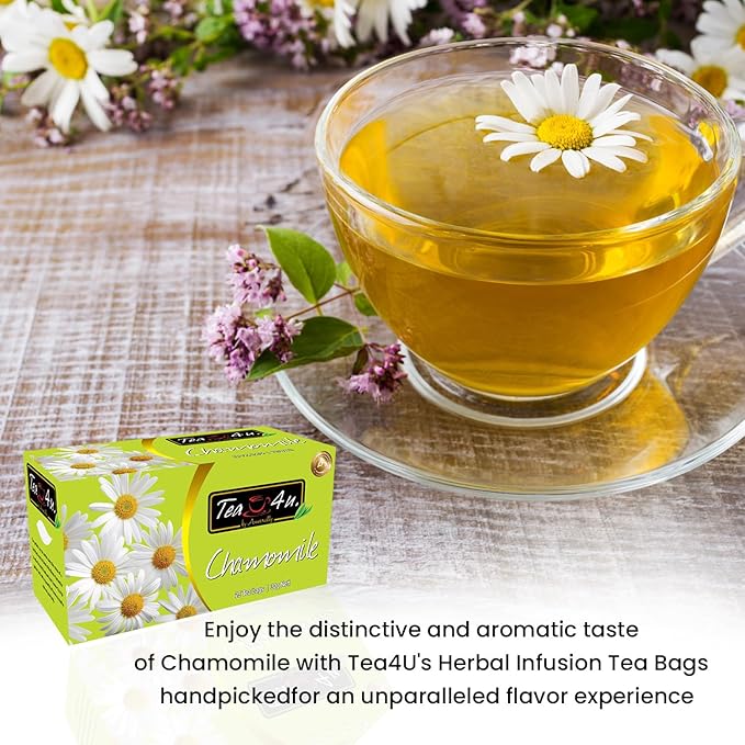 Tea4U Herbal Infusion Chamomile Tea Bags - Authentic & Fresh Flavor, Ideal Hydration & Refreshing Herbal Blend - Caffeine Free, Soothing Brew - 25 Count (Chamomile)