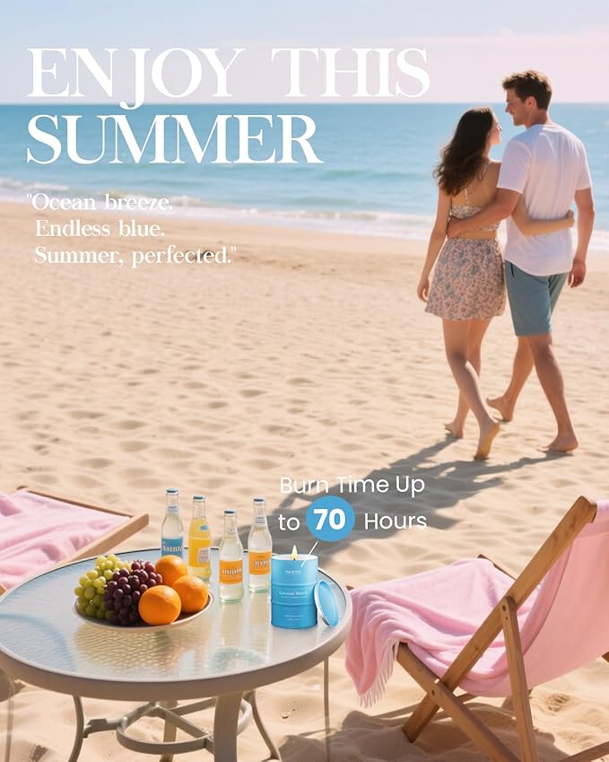 M&SENSE Coconut Beach Scented Candles Beach Soy Candle, Summer Candle for Stress Relief Meditation Relaxing, Housewarming Gifts for Women Men, 11.3oz 70 Hour Long Burning