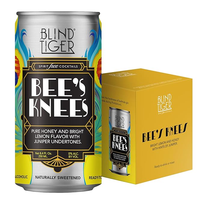 Blind Tiger Bee’s Knees 8-Pack | Honey, Lemon & Juniper Non-Alcoholic Mocktail | Non-Carbonated | Crafted with Natural Ingredients | Mixers, Cocktails, Mocktails | 8.4 fl oz Cans