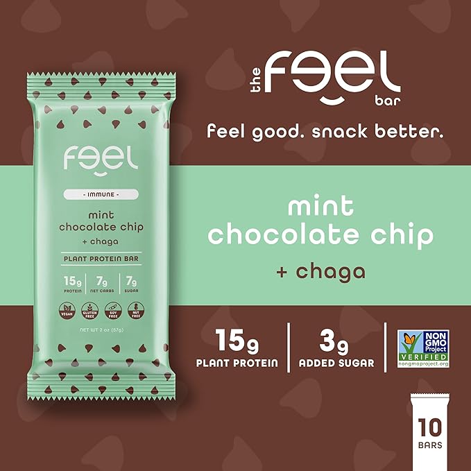Feel Vegan Protein Bars | Mint Chocolate Chip | Keto | Gluten Free | Organic | Chaga Mushroom | 15g Plant Protein | Low Carb | High Protein | Dairy Free | Low Sugar | Grain Free | Nut Free | Soy Free