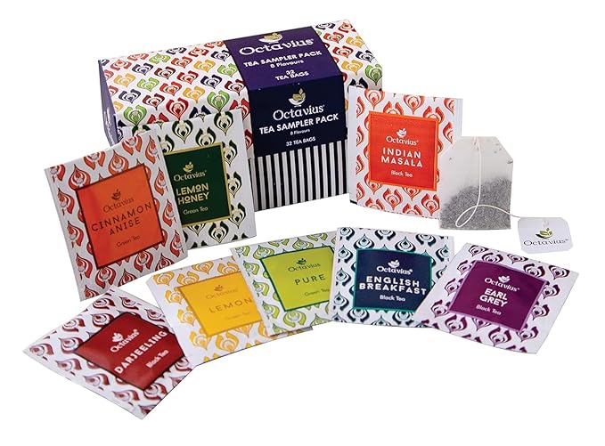 Octavius Tea Sampler Pack | 8 Assorted Black & Green Teas | 32 Teabags | Tea Sampler Variety Pack | Pack of 6 | Mothers Day Tea Gift Box