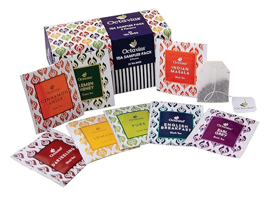 Octavius Tea Sampler Pack | 8 Assorted Black & Green Teas | 32 Teabags | Tea Sampler Variety Pack | Pack of 1