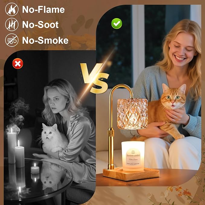 Hong-in Candle Warmer Lamp with Timer -Dimmable Adjustable Height,House Warming Gifts New Home,Vintage Home Decor with Elegant Amber Glass,Birthday Gifts for Women, Mom, Friend and Sister