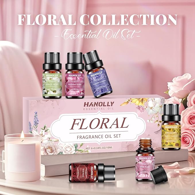 Floral Essential Oils Set - 6 Premium Fragrance Oil for Diffusers, Candle Making, Humidifier - Pink Peony, Wild Rose, Lavender, Sunflower Sandalwood, Bewitched Orchid, White Lily Aromatherapy Oi