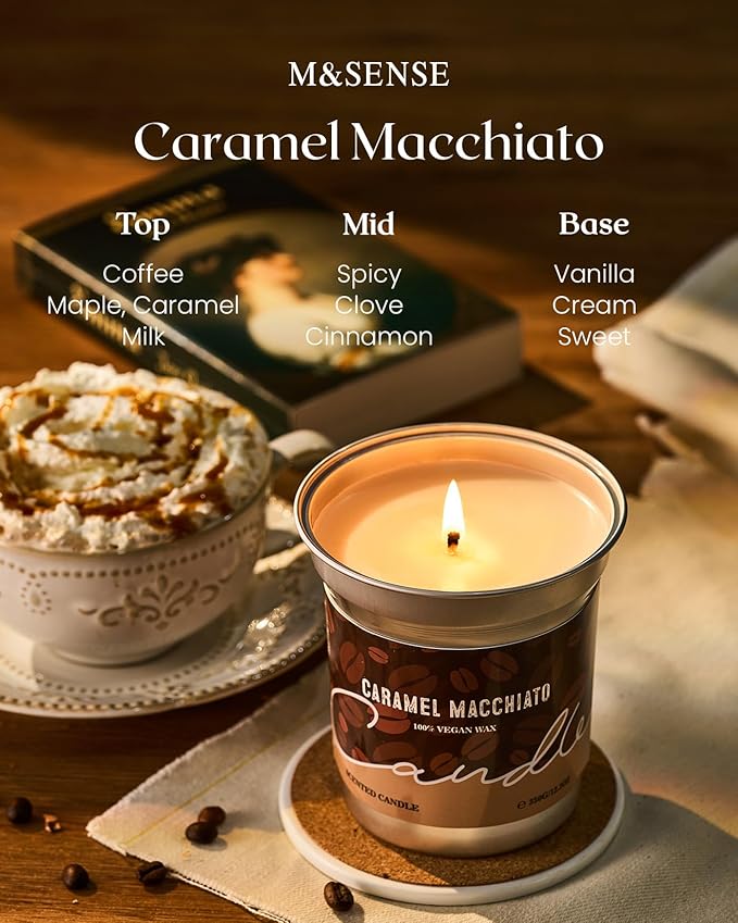 M&SENSE Coffee Candles Caramel Macchiato Scented, Soy Based Wax 16.2oz 100 Hours Non Toxic Clean Burn, Highly Scented Relaxing Candle for Home, Winter Holiday Aromatherapy Gifts for Coffee Lovers