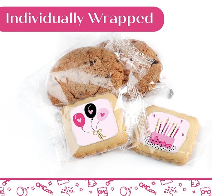 Happy Birthday Gift Basket Cookies Chocolate Chip Cookie Fudge Filled For Her Women Girls Kids | INDIVIDUALLY WRAPPED Pink Treat Food Package