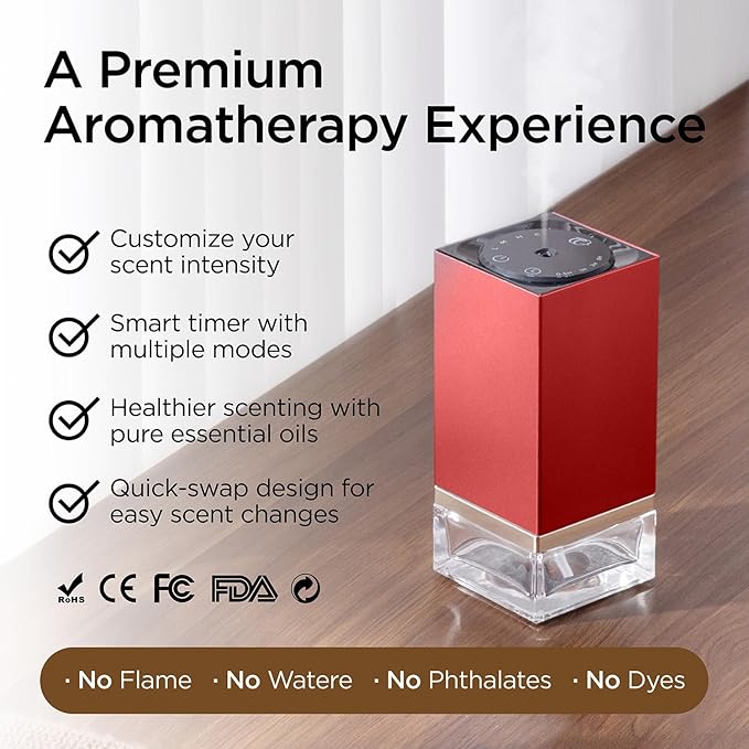 Essential Oil Diffuser – 50ml Capacity Nebulizer Waterless Diffuser, Portable, Battery Operated, Scent Air Machine for Home 4 Mist Settings 1/2/8H Timers （Includes Essential Oils and Adapter）C01-1 Red