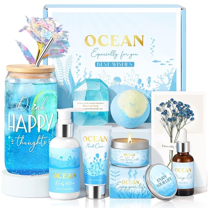Birthday Gifts for Women, Relaxing Spa Gift Baskets for Women, Ocean Scented Self Care Gifts, Mothers Day Bath and Body Inspirational Gift Set for Mom Her Wife Best Friends Sister Girlfriend Coworker