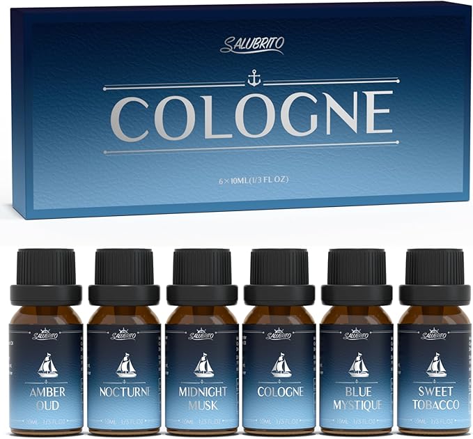 SALUBRITO Cologne Fragrance Oils, Premium Essential Oil Set for Diffuser, Soap, Candle Making Scents, Amber Oud, Midnight Musk, Blue Mystique, Sweet Tobacco, Nocturne, Cologne