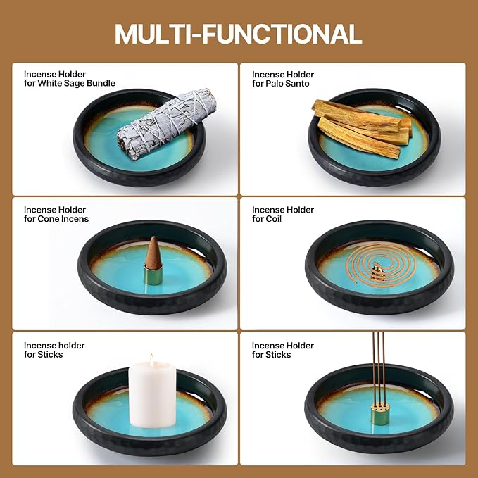 Ceramic Incense Burner,Handmade Incense Stick Incense Burner Reflux Burner,Sage, Coil Incense, Ash Catcher, Smudge Bowl for Yoga Meditation Room Décor,Crack Blue