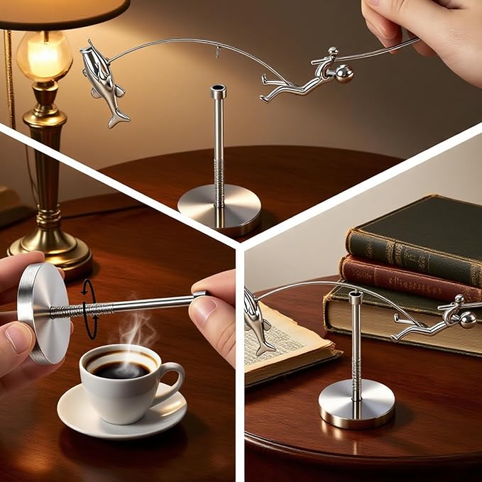 Fisherman Balancing Sculpture - Kinetic Fishing Sculpture with Perpetual Motion, Unique Kinetic Art & Balance Art, Cool Desk Gadgets for Home Decor and Office Decor