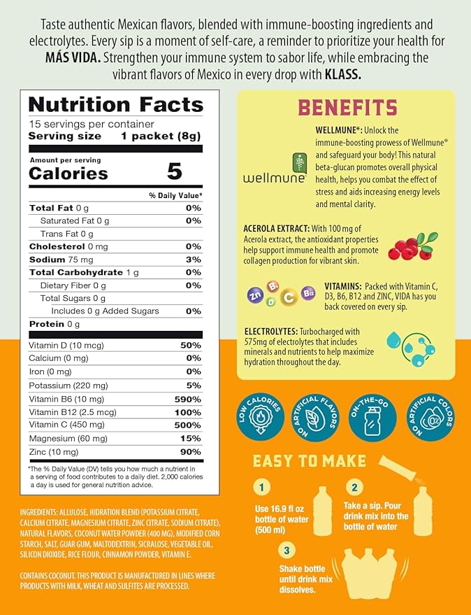 Hydration + Immunity Electrolyte Drink Mix – Mango Agua Fresca Flavor | Sugar-Free Powder with Wellmune®, Acerola, Coconut Water & Minerals | 15 Single-Serve Stick Packs, Natural Flavor