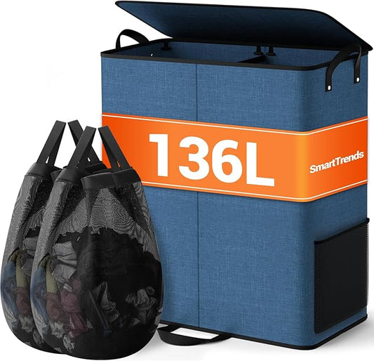 Large Double Laundry Hamper with Lid, Removable Bags & Reinforced Handles, 2 Section Tall Laundry Basket, Dirty Clothes Hampers for Laundry Room, Bedroom, Bathroom, Dorm, 136L, Blue