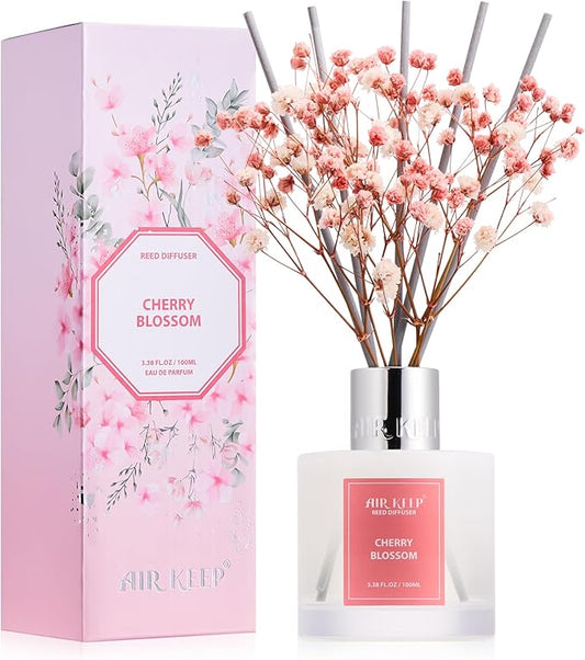 Airkeep Reed Diffuser Set, 3.38 fl oz (100 ml) - Cherry Blossom Oil Diffusers with 8 Reed Sticks, Home Fragrance Reed Diffuser for Bathroom Shelf Decor