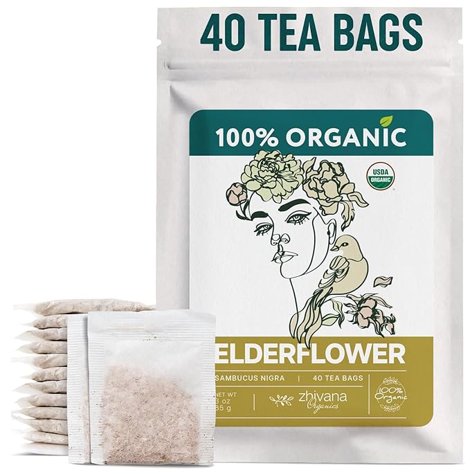 Organic Elderflower Tea Bags - Elder Flowers for Respiratory Health, Immunity - Herbal Tea for Cold Weather Days - Sauco do Flores - Seasonal Blend - 40 Teabags