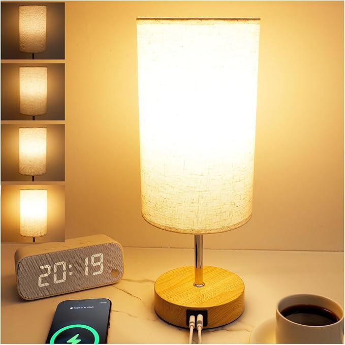 Bedside Table Lamp for Bedroom - 4 Way Dimmable Touch With USB and Type-C Charge Port, Small Wood Base Round Flaxen Fabric Shade for Living Room (Yellow Color Base)