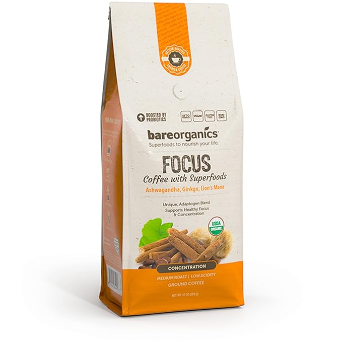 Focus Coffee with Superfoods - Organic Probiotic Mushroom Ground Bagged Coffee, Supports Healthy Focus & Digestion, Infused with Ashwagandha, Lion's Mane, and Cinnamon, USDA Certified Organic 10 oz