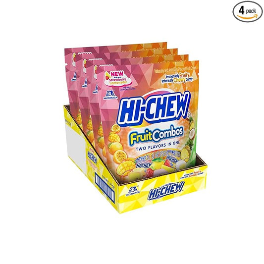 HI-CHEW Fruit Combos Bulk Candy, 4 Stand Up Pouches, 220+ Pieces, 11.65oz each - Unique Fun Soft & Chewy Halloween Candy - Immensely Juicy Fruity Flavors - Individually Wrapped for Halloween Sharing