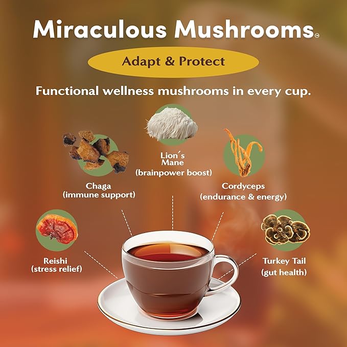 Teeccino Miraculous Mushrooms Adapt & Protect Herbal Tea By Teeccino, 25 Tea Bags - Five Organic Adaptogenic Mushrooms with Chicory & Cacao, 3x More Herbs than Regular Tea Bags, Caffeine Free, Prebiotic